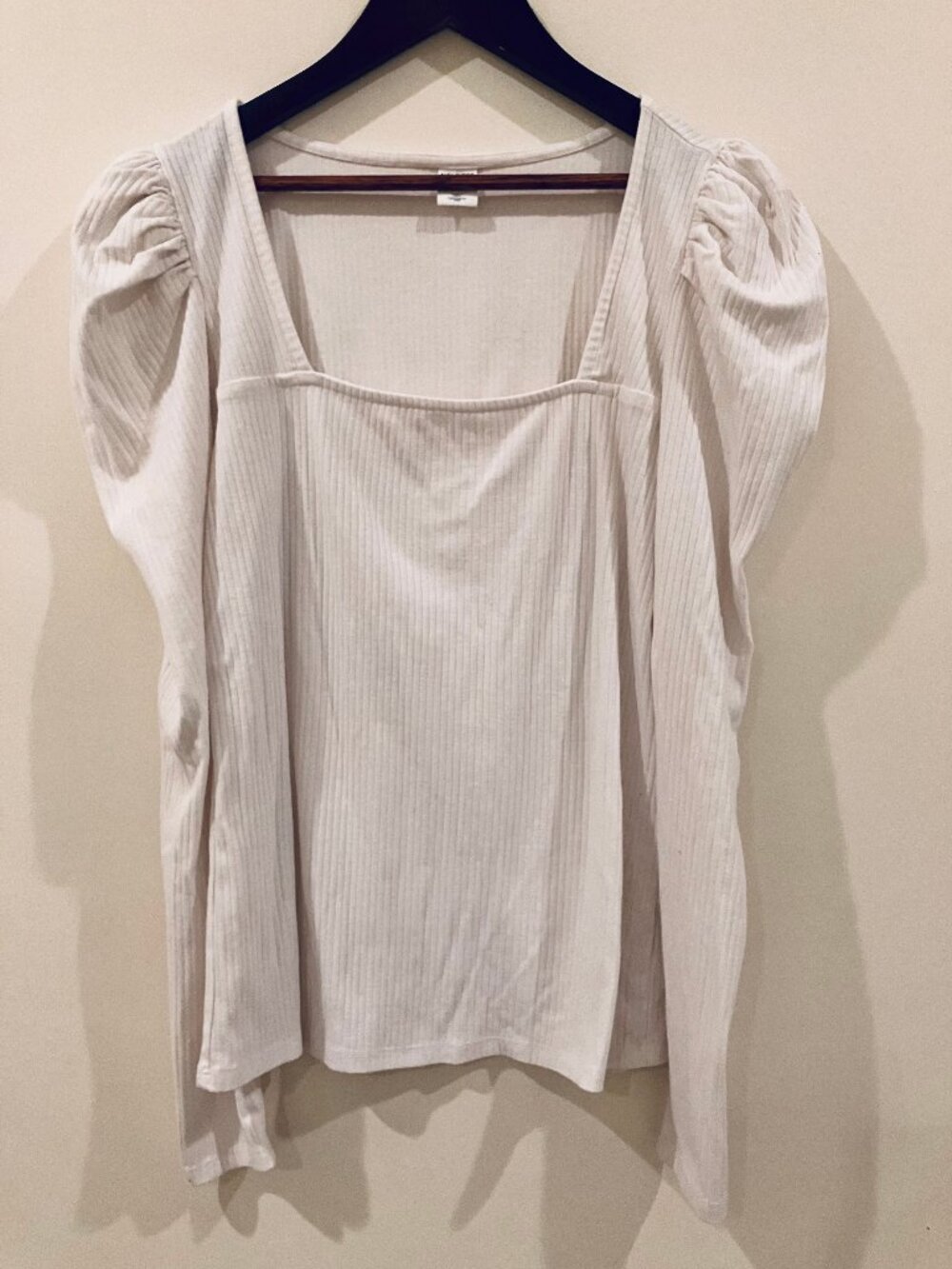Treasure & Bond Women's Puff Shoulder Square Neck Ribbed White Cotton Blouse M